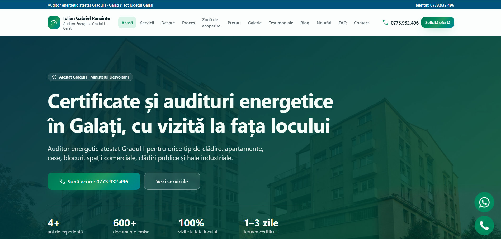 Pagina principală a site-ului Energy Pro Galați pe desktop